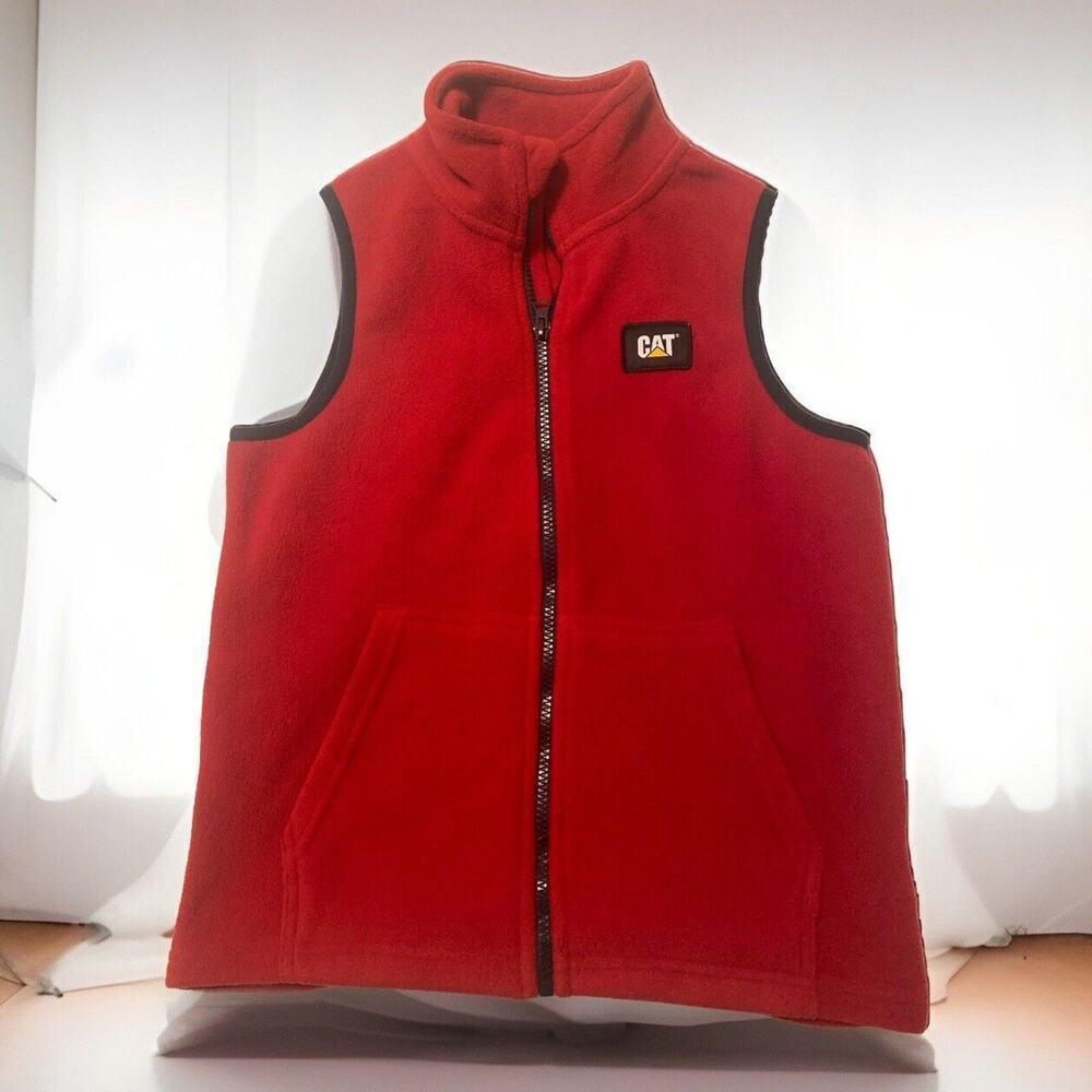 Cat Caterpillar Brand Red/Black Trim Fleece Vest -2 Front Pockets Youth S 7/8